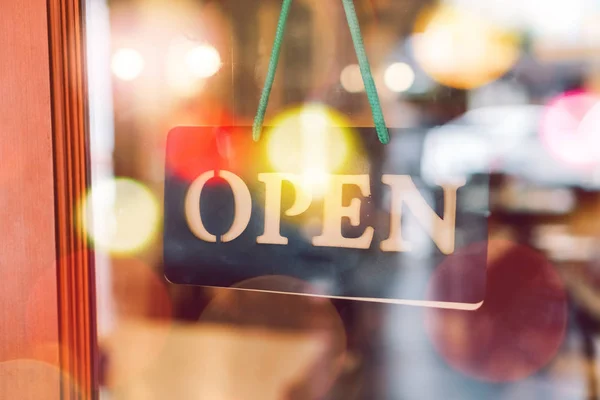 Open Sign Broad Glass Door Cafe Business Service Food Concept — Stock Photo, Image