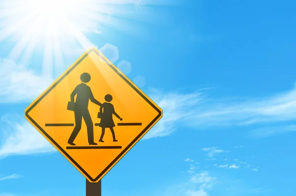 School Zone Warning Sign Blue Sky Sun Light White Clouds — Stock Photo, Image