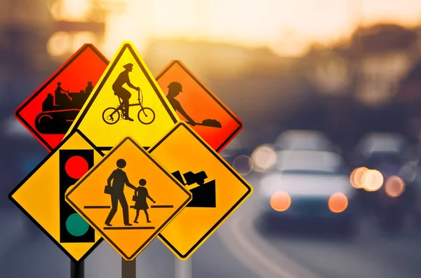 Set Traffic Warning Sign Blur Traffic Road Colorful Bokeh Light — Stock Photo, Image