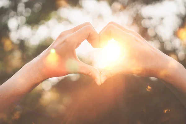 Mãos Femininas Forma Coração Natureza Bokeh Luz Sol Flare Borrão — Fotografia de Stock