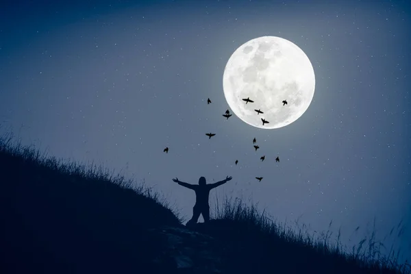 Copy space man raise hand up on top of mountain and birds fly with full moon abstract background. Freedom travel adventure and business victory concept. Vintage tone filter effect color style.