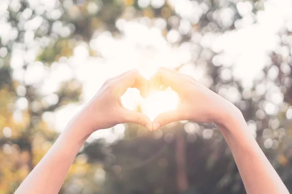 Vrouwelijke handen hart vorm op natuur bokeh zon licht flare en blad abstracte achtergrond wazig. — Stockfoto