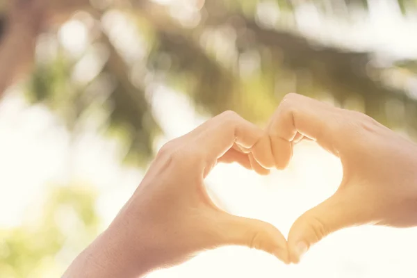 Weibliche Hände Herzform auf Natur Bokeh Sonnenlicht Fackel und verschwimmen Palmblatt abstrakten Hintergrund. — Stockfoto