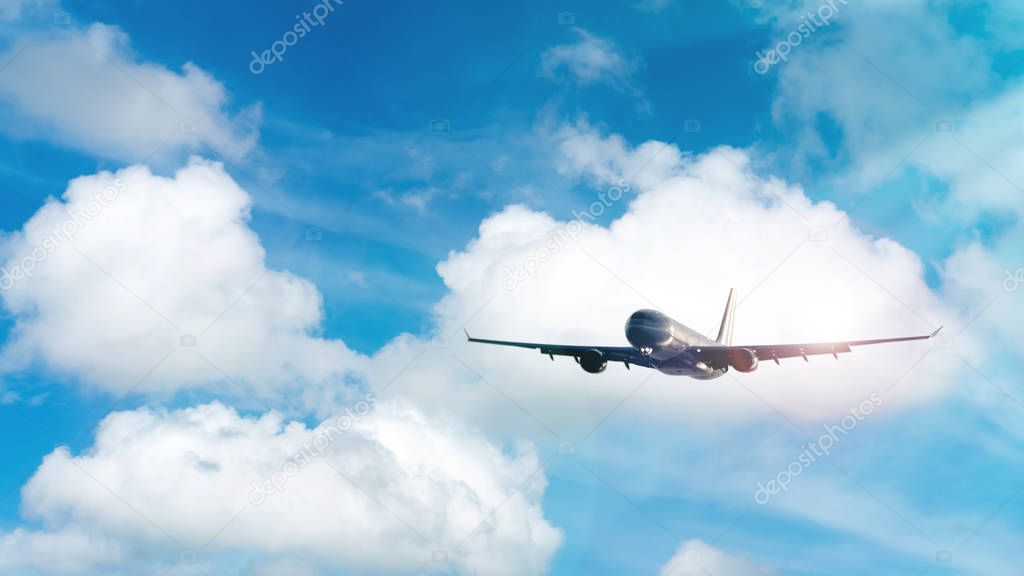 Copy space of airplane on blue sky and white cloud with sun light background.