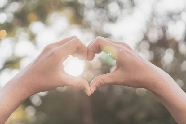 Weibliche Hände Herzform auf Natur Bokeh Sonnenlicht Fackel und verschwimmen Blatt abstrakten Hintergrund. — Stockfoto