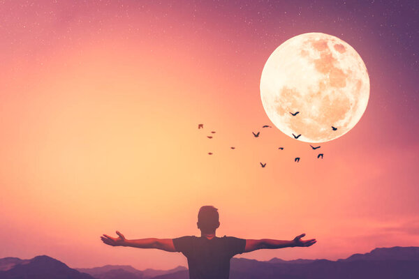 Copy space man raise hand up on top of mountain and birds fly with full moon abstract background.