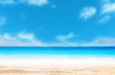 Yaz geçmişi. Deniz kumu güneş. Bulanıklık tropikal plaj bokeh ışık dalgası soyut. Açık tatil tatil ve seyahat macera konsepti kopyalama alanı.