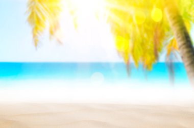 Güzel doğa yeşil palmiye yaprağı bokeh güneş ışık dalga arka plan ile tropik sahilde bulanıklık.