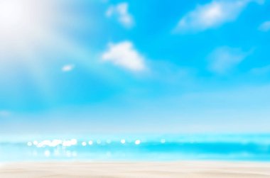 Yaz geçmişi. Deniz kumu güneş. Bulanıklık tropikal plaj bokeh ışık dalgası soyut. Açık tatil tatil ve seyahat macera konsepti kopyalama alanı.
