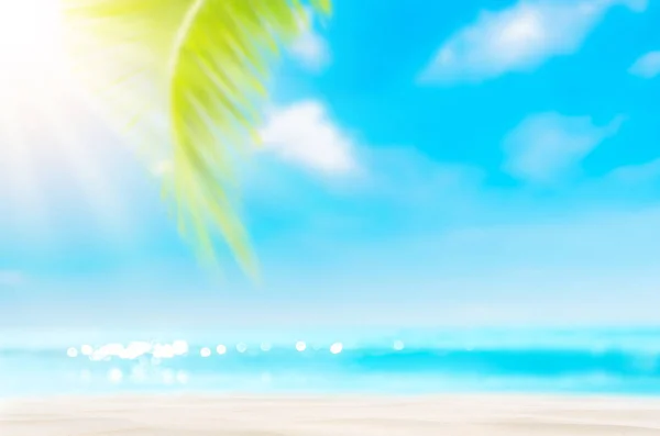 Rozmycie piękne Natura Liść zielony palm na tropikalnej plaży bokeh słońce fal świetlnych streszczenie tło. — Zdjęcie stockowe
