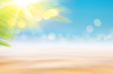 Güzel doğa yeşil palmiye yaprağı bokeh güneş ışık dalga arka plan ile tropik sahilde bulanıklık.