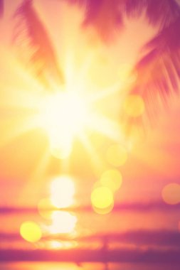 Güzel doğa yeşil palmiye yaprağı bokeh güneş ışık dalga arka plan ile tropik sahilde bulanıklık.