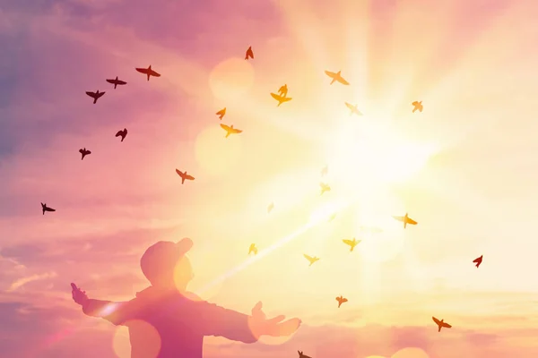 Liberdade se sentir bem e viajar conceito de aventura. Espaço de cópia do homem silhueta levantando as mãos no céu pôr do sol exposição dupla bokeh colorido e pássaro voar fundo . — Fotografia de Stock