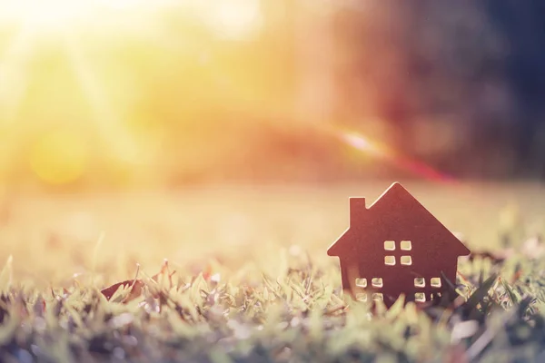 Másolja a hely, a hazai és élet fogalma. Kis modell otthon, a zöld fű, napfény absztrakt háttér. — Stock Fotó