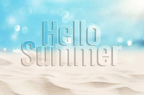 Hello summer words on blur tropical beach with bokeh sunlight wave abstract background. Summer vacation and travel holiday concept. Vintage tone filter effect color style.