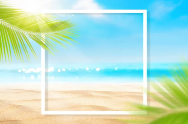 トロピカルビーチの美しい自然の緑のヤシの葉と白いフレームの抽象的な背景とボケをぼかす スペース夏休みとビジネス旅行のコンセプトをコピーします ヴィンテージトーンフィルターエフェクトカラースタイル — ストック写真