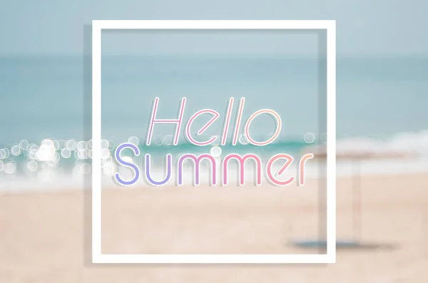 Hello Summer Words Blur Tropical Beach Bokeh Sunlight Wave Abstract — Stock Photo, Image