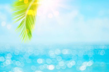 Bulanık, yeşil palmiye yaprağı tropikal plajda, Bokeh güneş ışığı dalgası soyut arka planda. Yaz tatili ve iş seyahati konseptini kopyala. Klasik ton filtre efekti renk biçimi