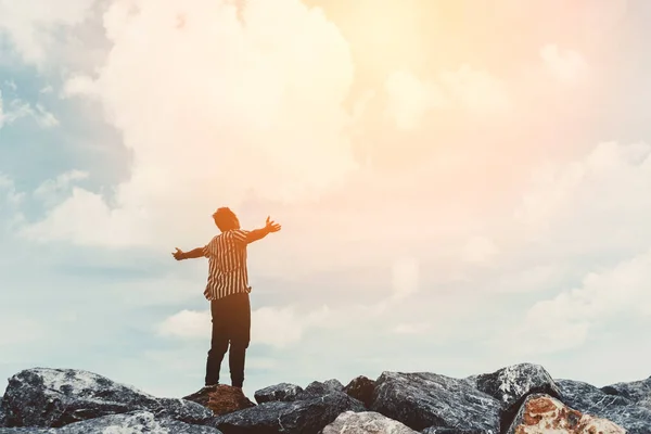 Man Raise Hand Top Rock Blue Sky White Cloud Abstract — Fotografia de Stock