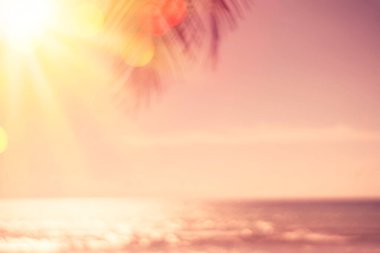 Bulanık, yeşil palmiye yaprağı tropikal günbatımı plajında güneş ışığı dalgası soyut arka planda. Yaz tatili ve iş seyahati konseptini kopyala. Klasik ton filtre efekti renk biçimi