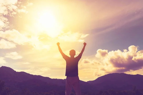 Copy Space Man Hand Raising Top Mountain Sunset Sky Abstract — Stock Photo, Image