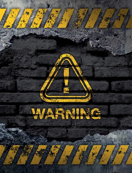 Eski tuğla duvar arka planında uyarı işareti