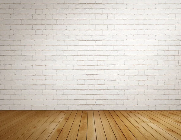 Ahşap zeminde beyaz tuğlalı duvarı olan boş bir oda.