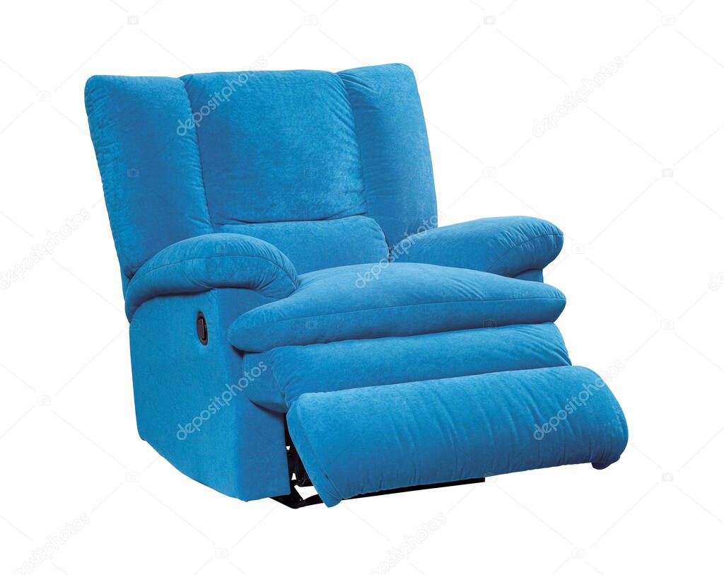 Cozy blue fabric reclining sofa isolated on white background