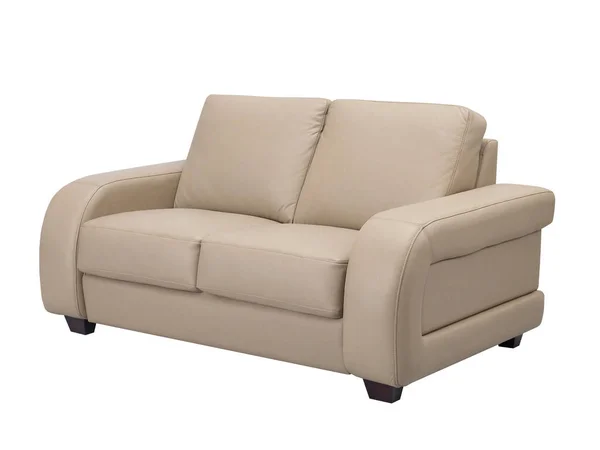 Beyaz arka planda izole edilmiş şık bej deri kanepe.