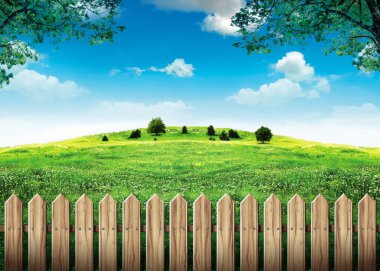Yeşil tarlada ahşap çit ve bulutlu mavi gökyüzü.