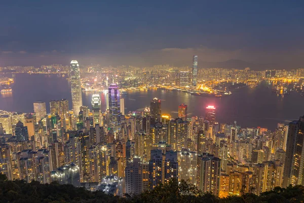 Hong Kong Görünümünün Zirvesinde Cityscape Arka Plan Gece Işık Şehir — Stok fotoğraf