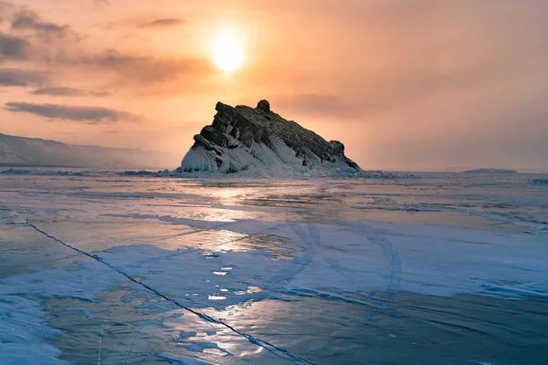 Zamrożonej Wody Jeziora Bajkał Rosji Zachód Słońca Zima Sezon Tło — Zdjęcie stockowe
