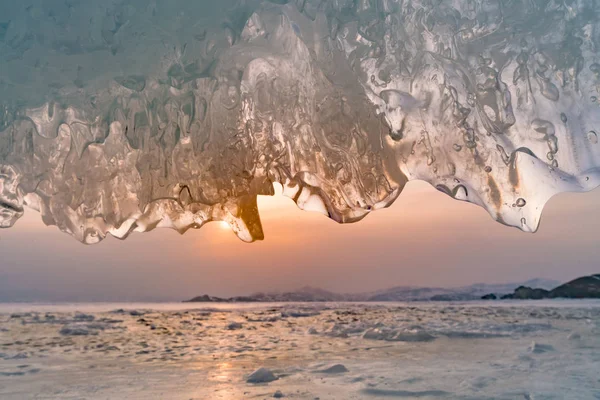 Baikal Caverna Gelo Com Fundo Pôr Sol Baikal Sibéria Lago — Fotografia de Stock