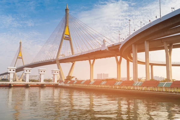 Twin Suspension Bridge Bangkok River Gateway Thailand — Stock Photo, Image
