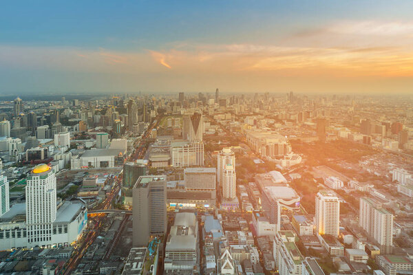 Aerial view Bangkok central business downtown skyline with sunset tone, Thailand