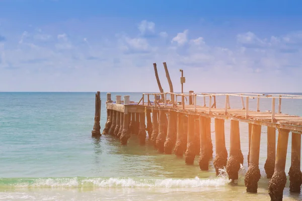 Plaj sahil, nautral manzara manzarası arka plan üzerinde ahşap iskelesi