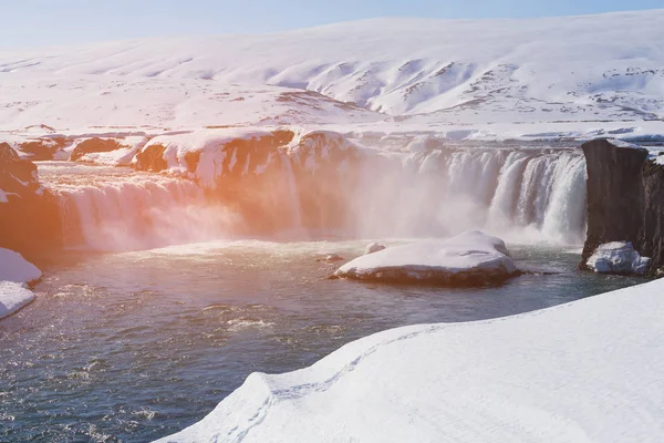 Wodospad Godafoss Sezonie Zimowym Tło Naturalny Krajobraz Islandia — Zdjęcie stockowe
