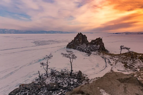 Lac Baïkal Saison Hivernale Avec Coucher Soleil Russie Paysage Naturel — Photo