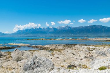 Yeni Zelanda beyaz rock sahil dağ arka plan, doğal peyzaj ile