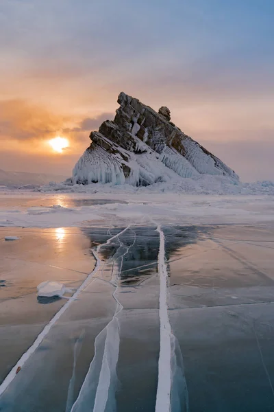 Schoonheid Van Zonsondergang Baikal Water Lake Winter Seizoen Natuurlandschap Achtergrond — Stockfoto