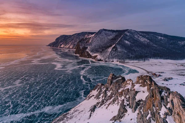 Gefrorener Baikalsee Luftaufnahme Mit Sonnenaufgang Hintergrund Wintersaison Russland — Stockfoto