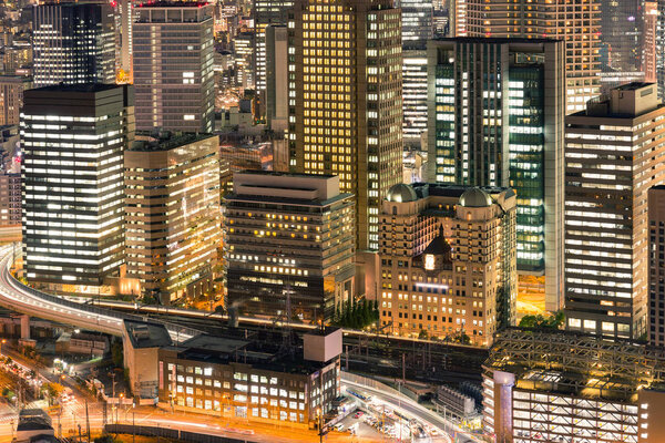 Business office building night view from Umeda Japan