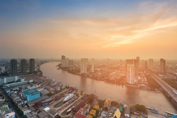 Bangkok City Skyline Sunset Sky River Curved Thailand Cityscape Background — Stock Photo, Image