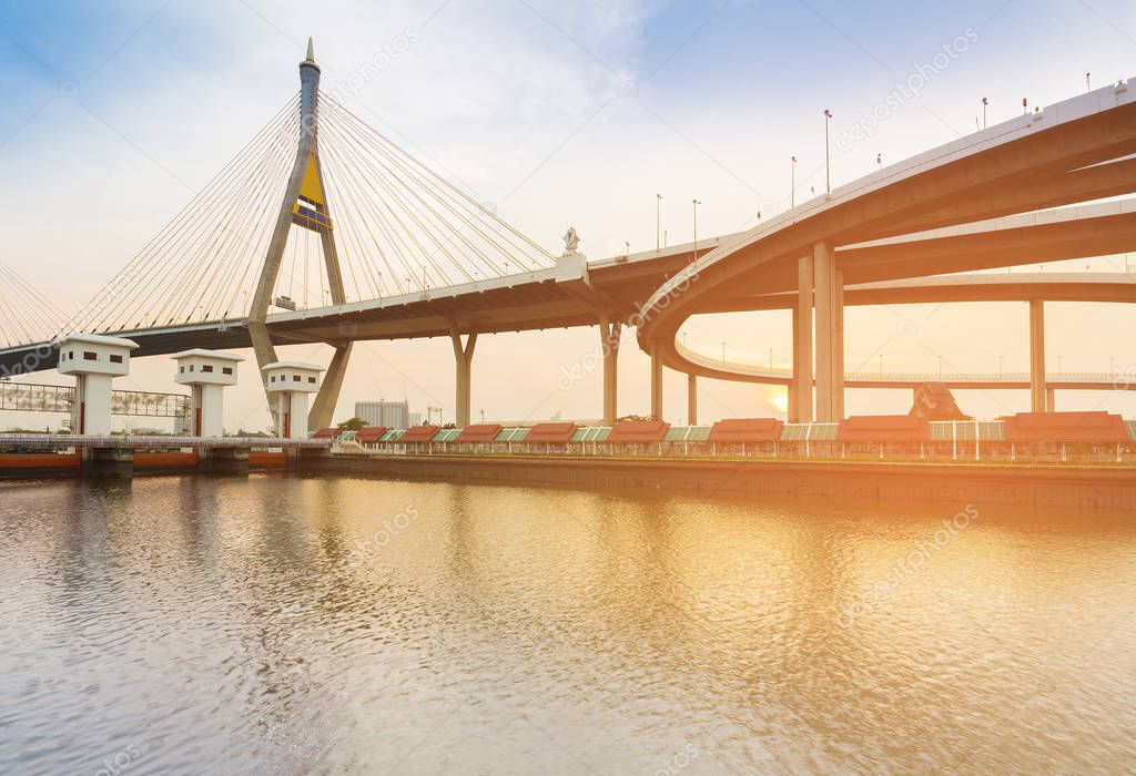 Suspension bridge connect express way river front, Bangkok Thailand