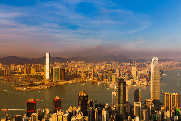 Sunset tone over Hong Kong business downtown, cityscape background