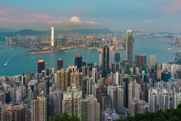 Peak Hongkong Obchodní Centra Nad Victoria Bay Panoráma Pozadí — Stock fotografie