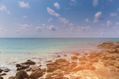 Rock plaj deniz sahil manzarası, doğal peyzaj arka plan üzerinde