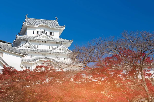 Himeji Kalesi ile açık mavi gökyüzü kırmızı yaprakları ile sonbahar mevsiminde, Japonya Simgesel Yapı