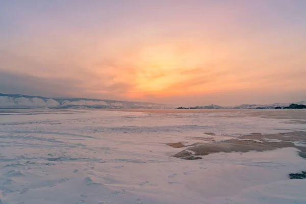 Sunset Skyline Baikal Water Lake Winter Season Russia Natural Landscape — Stock Photo, Image