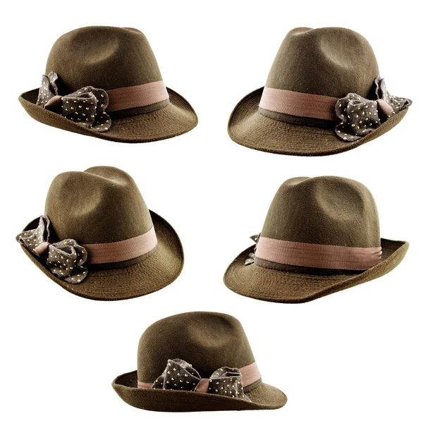 Beyaz Arka Plan Üzerinde Yay Ile Kahverengi Güzel Şapka Kümesi — Stok fotoğraf